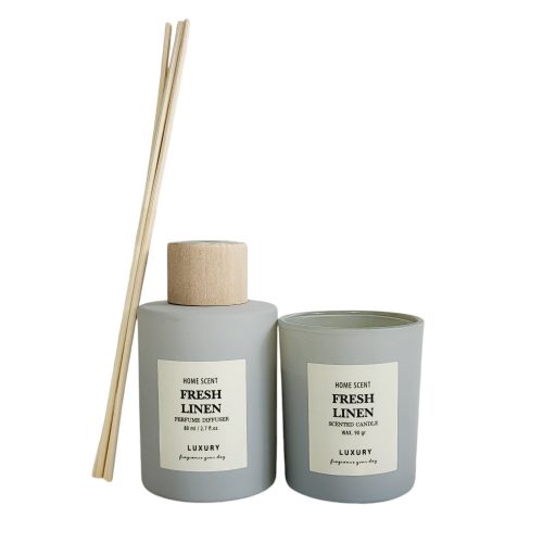 Cadeauset FRESH LINEN geurstokjes en geurkaars in cadeauverpakking