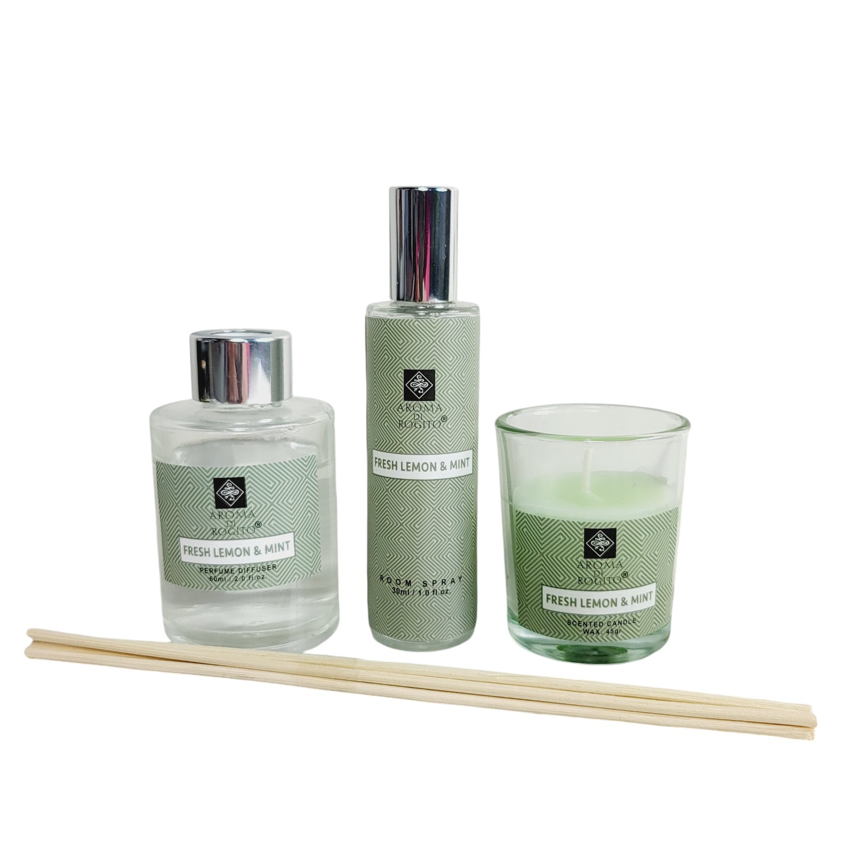 Cadeauset Fresh Lemon & Mint met geurstokjes geurkaars en roomspray in cadeauverpakking